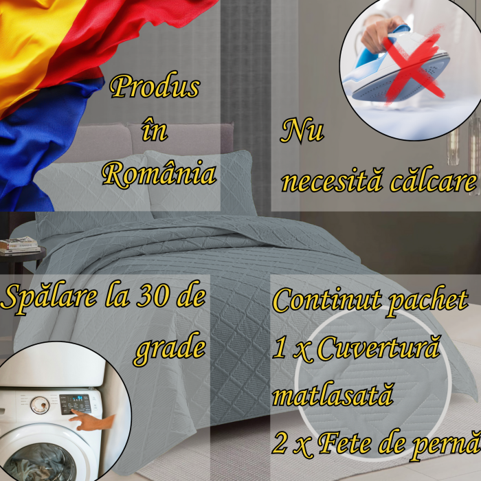 Cuvertură pat 230×250 gri cu 2 fețe pernă – matlasată, România [2]