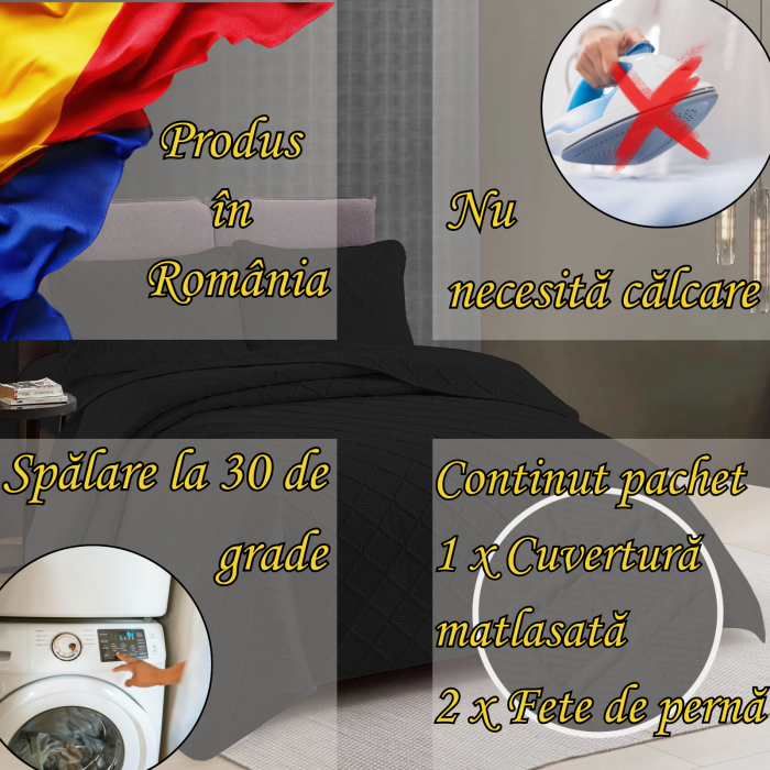 Cuvertură pat 230×250 negru cu 2 fețe pernă – matlasată, România [2]