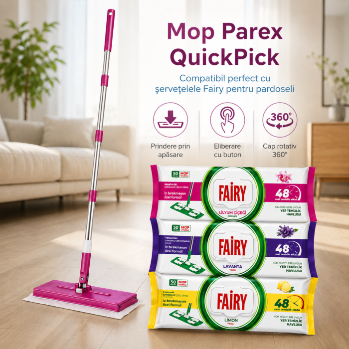 Set Mop Parex QuickPick + 3 Șervețele Fairy, 160 Buc., Lemon, Lavandă și Lilyum, Mop Pardoseală [2]