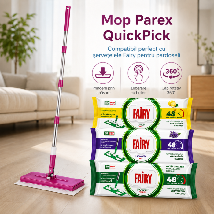 Set Mop Parex QuickPick + 3 Șervețele Fairy, 160 Buc., Mop Pardoseală cu Șervețele Umede [2]