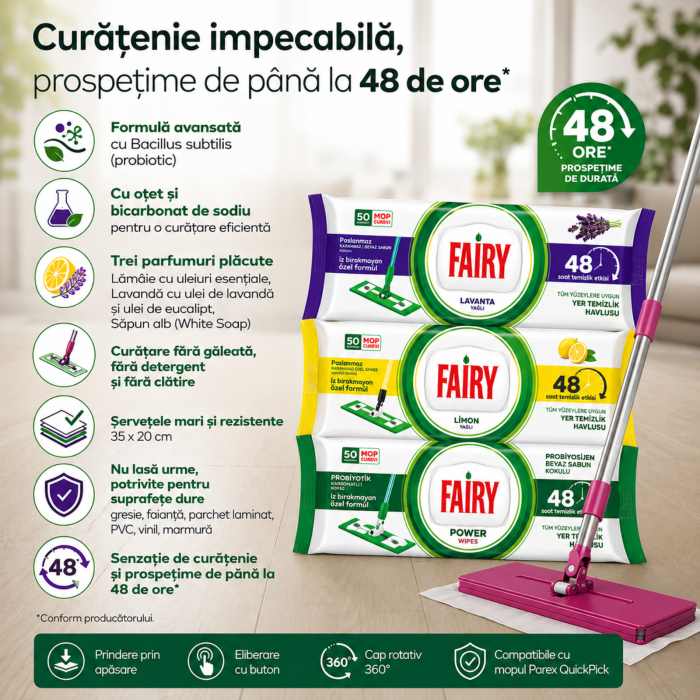 Set Mop Parex QuickPick + 3 Șervețele Fairy, 160 Buc., Mop Pardoseală cu Șervețele Umede [3]