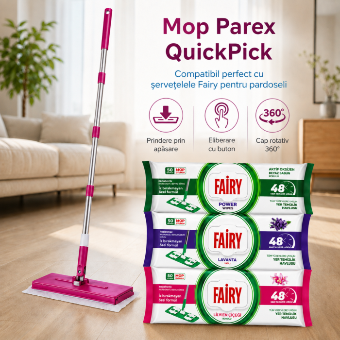 Set Mop Parex QuickPick + 3 Pachete Fairy, 160 Buc., Lavandă, Lilyum și Power Wipes [2]