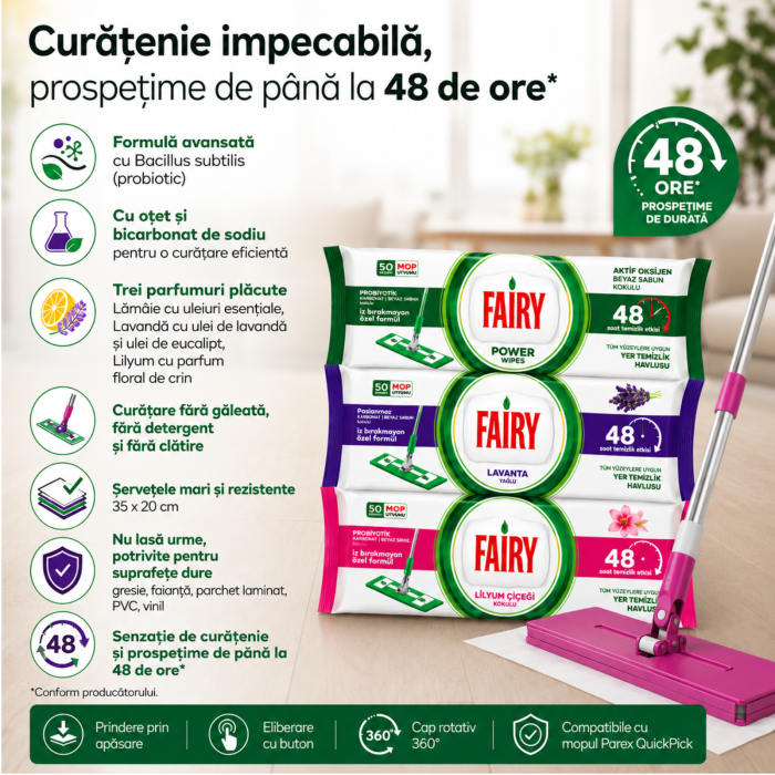 Set Mop Parex QuickPick + 3 Pachete Fairy, 160 Buc., Lavandă, Lilyum și Power Wipes [3]