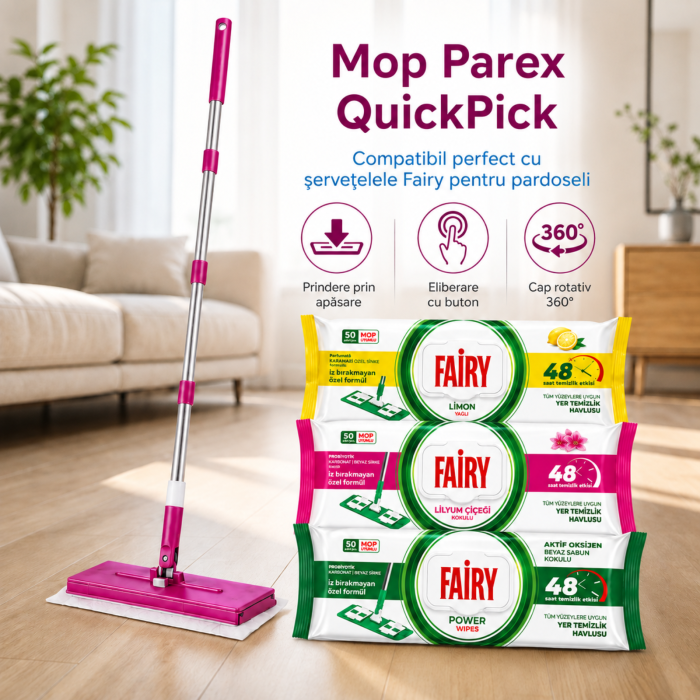 Set Mop Parex QuickPick + 3 Pachete Fairy, 160 Buc., Lemon, Lilyum și Power Wipes [2]