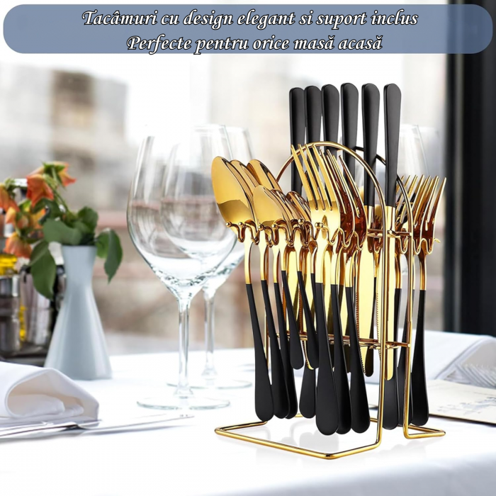Set Tacâmuri Auriu-Negru 24 Piese cu Suport | Elegant & Cadou [2]