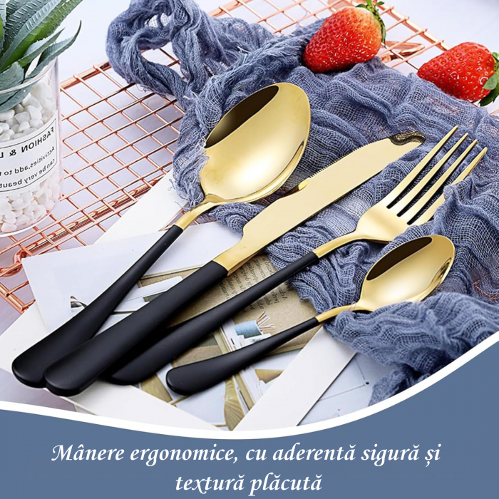Set Tacâmuri Auriu-Negru 24 Piese cu Suport | Elegant & Cadou [4]