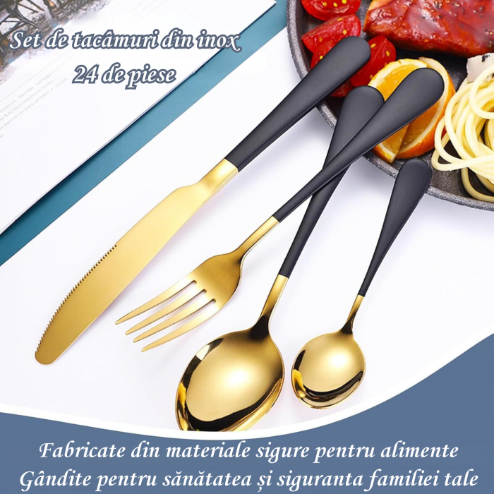 Set Tacâmuri Auriu-Negru 24 Piese cu Suport | Elegant & Cadou [3]