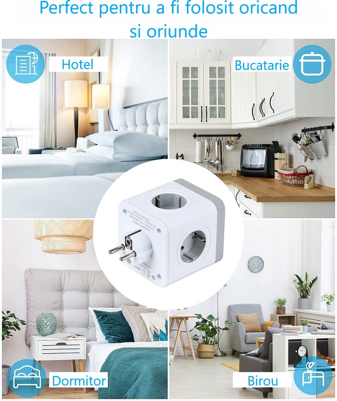 Stecher cu 4 prize si 3 porturi USB-A INNOVIO, Putere mare 4000W/16A, Protectie copii, Protectie la supratensiune si scurtcircuit, Culoare Alb/Gri [7]