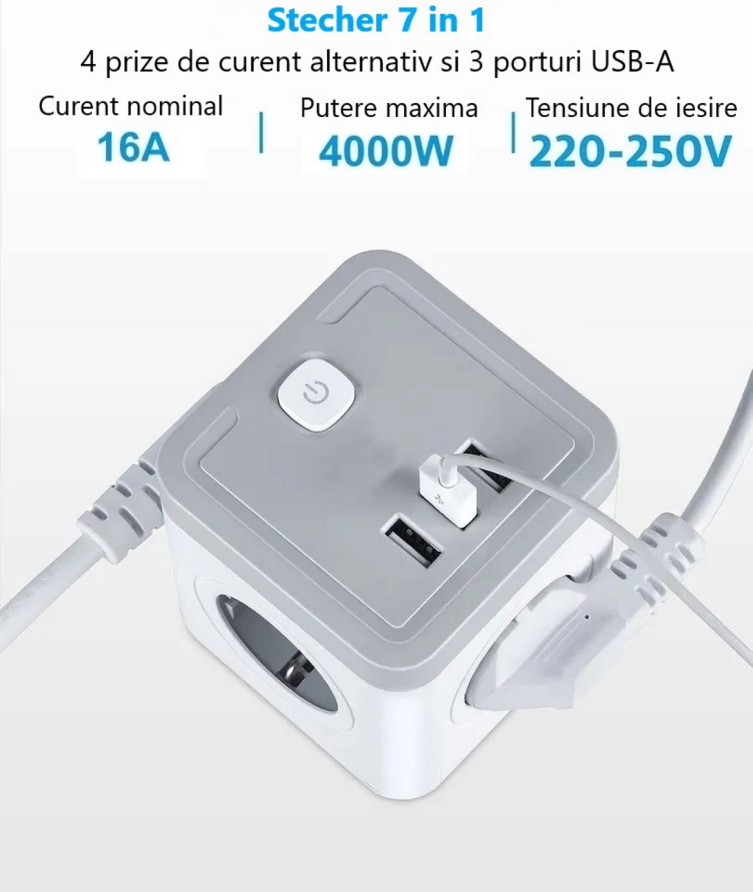 Stecher cu 4 prize si 3 porturi USB-A INNOVIO, Putere mare 4000W/16A, Protectie copii, Protectie la supratensiune si scurtcircuit, Culoare Alb/Gri [3]