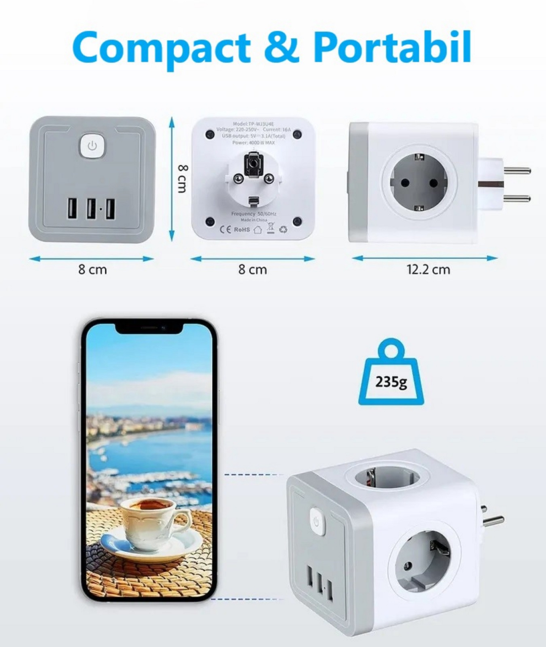 Stecher cu 4 prize si 3 porturi USB-A INNOVIO, Putere mare 4000W/16A, Protectie copii, Protectie la supratensiune si scurtcircuit, Culoare Alb/Gri [5]