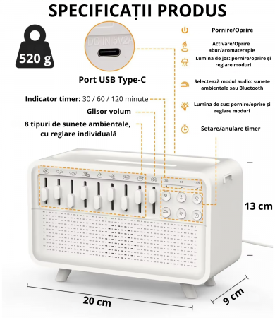 Difuzor Aromaterapie cu Sunete, Lumină Caldă și Bluetooth [5]