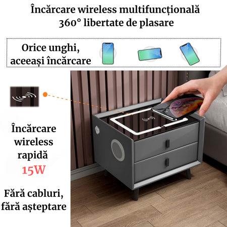 Noptieră inteligentă cu încărcare wireless, USB & LED [1]