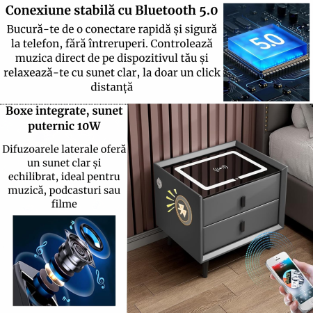 Noptieră inteligentă cu încărcare wireless, USB & LED [2]