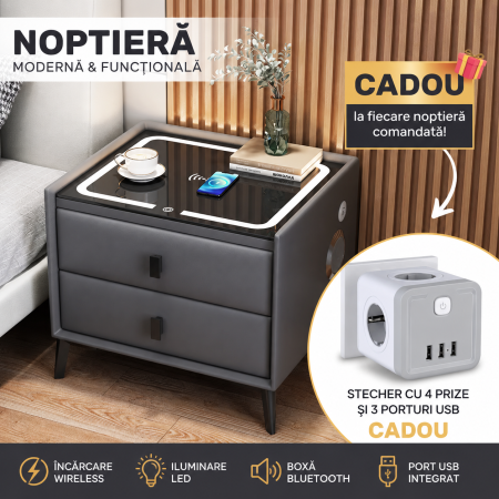 Noptiere - Noptieră inteligentă cu încărcare wireless, USB & LED