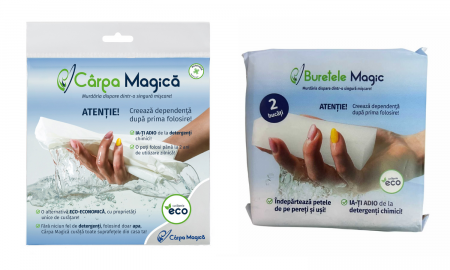 Pachet 2 Carpe Magice și 2 Bureți Magici – Curățare Fără Detergenți pe Orice Suprafață