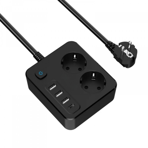 Prelungitor de putere mare INNOVIO, 16A/4000W, 2 prize, 3 porturi USB-A, 1 port USB-C incarcare rapida 30W, Protectie copii, Multiple protectii, Materiale ignifuge, Cablu din cupru, Lungime 2 m, Negru