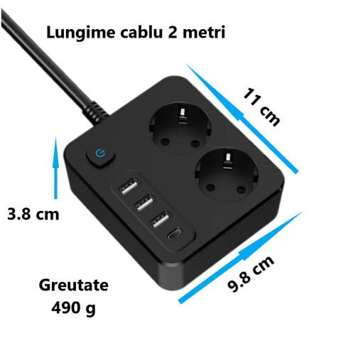 Prelungitor de putere mare INNOVIO, 16A/4000W, 2 prize, 3 porturi USB-A, 1 port USB-C incarcare rapida 30W, Protectie copii, Multiple protectii, Materiale ignifuge, Cablu din cupru, Lungime 2 m, Negru [7]