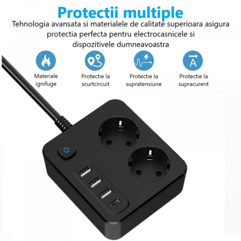 Prelungitor de putere mare INNOVIO, 16A/4000W, 2 prize, 3 porturi USB-A, 1 port USB-C incarcare rapida 30W, Protectie copii, Multiple protectii, Materiale ignifuge, Cablu din cupru, Lungime 2 m, Negru [2]