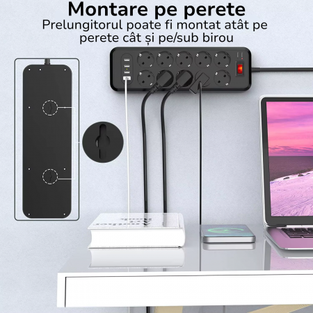 Prelungitor 10 Prize cu 4 USB (USB-C PD 30W), 4000W, Protectii Multiple, 2m Cablu [6]