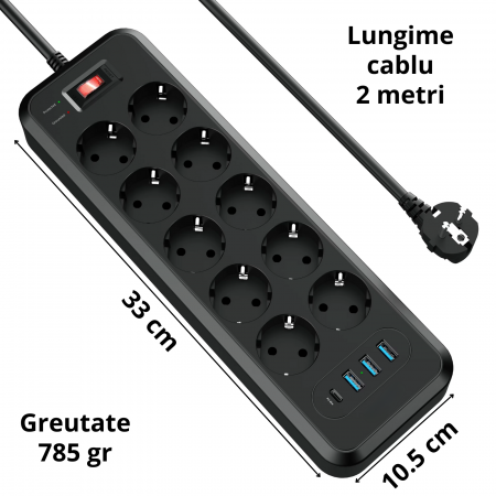 Prelungitor 10 Prize cu 4 USB (USB-C PD 30W), 4000W, Protectii Multiple, 2m Cablu [9]