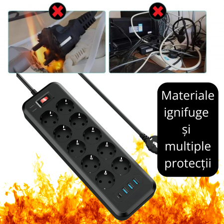 Prelungitor 10 Prize cu 4 USB (USB-C PD 30W), 4000W, Protectii Multiple, 2m Cablu [7]