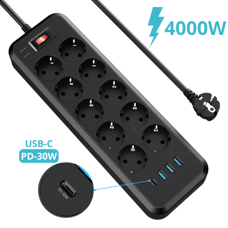 Prelungitor 10 Prize cu 4 USB (USB-C PD 30W), 4000W, Protectii Multiple, 2m Cablu