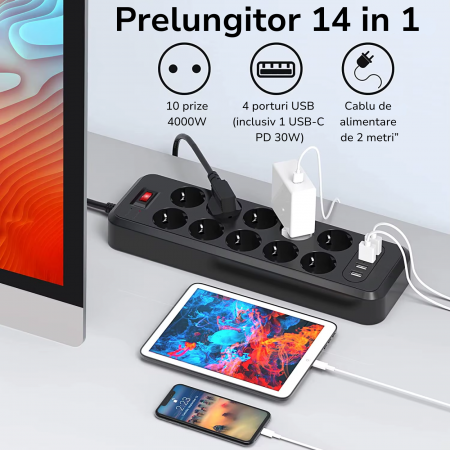 Prelungitor 10 Prize cu 4 USB (USB-C PD 30W), 4000W, Protectii Multiple, 2m Cablu [1]