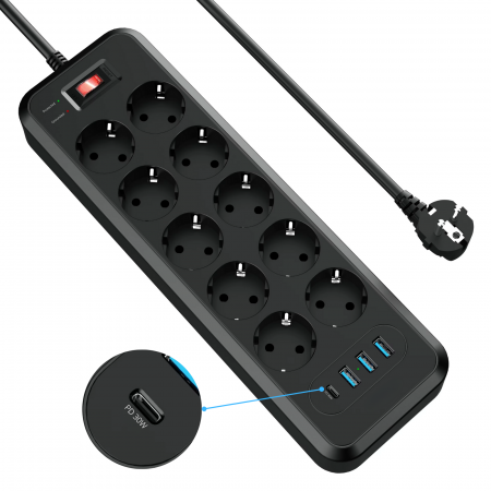 Prelungitoare - Prelungitor 10 Prize cu 4 USB (USB-C PD 30W), 4000W, Protectii Multiple, 2m Cablu