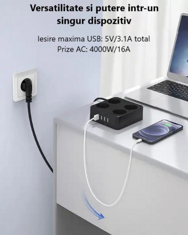 Prelungitor de putere mare cu cu 4 prize si 4 porturi USB si cu multiple protectii [8]