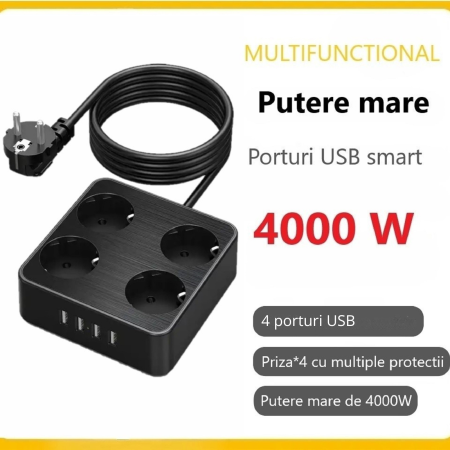Prelungitor de putere mare cu cu 4 prize si 4 porturi USB si cu multiple protectii [4]