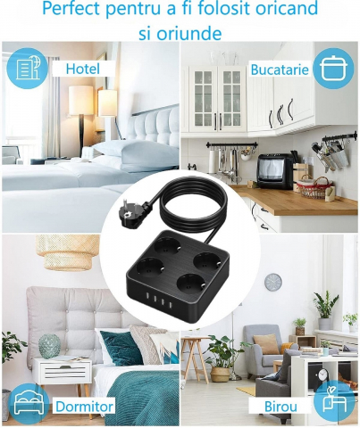 Prelungitor de putere mare cu cu 4 prize si 4 porturi USB si cu multiple protectii [9]