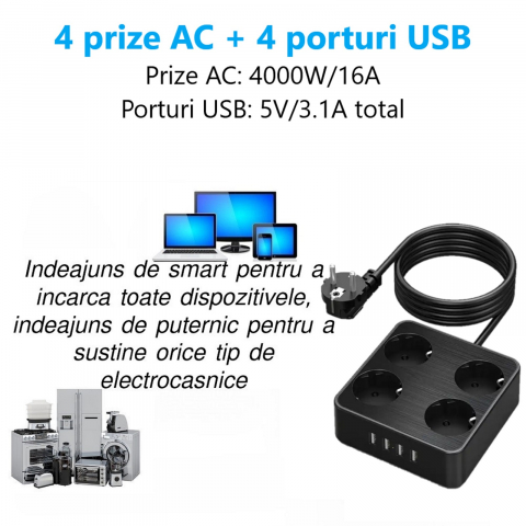 Prelungitor de putere mare cu cu 4 prize si 4 porturi USB si cu multiple protectii [11]