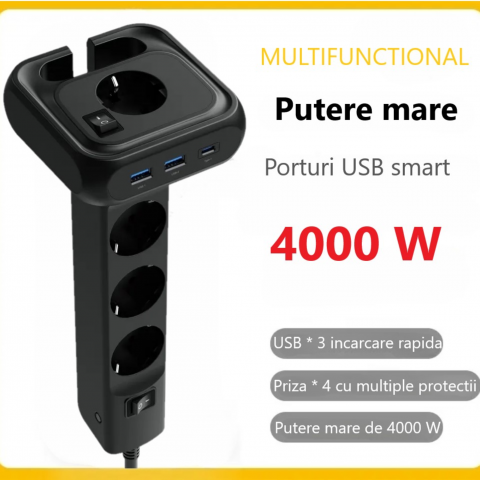 Prelungitor pentru birou INNOVIO, Putere mare 4000W/16A, Impamantare, Multiple protectii, Protectie copii, 4 prize de curent alternativ, 2 porturi USB-A, 1 port USB-C, Cablu 2 m, Negru [6]