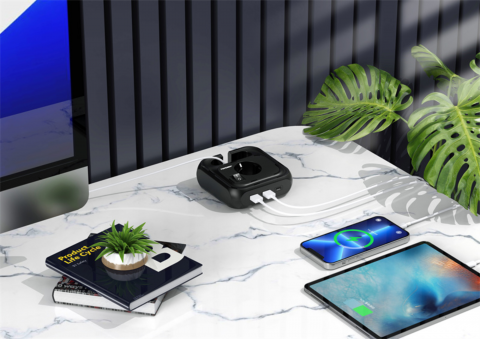 Prelungitor pentru birou INNOVIO, Putere mare 4000W/16A, Impamantare, Multiple protectii, Protectie copii, 4 prize de curent alternativ, 2 porturi USB-A, 1 port USB-C, Cablu 2 m, Negru [1]