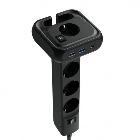 Prelungitor pentru birou INNOVIO, Putere mare 4000W/16A, Impamantare, Multiple protectii, Protectie copii, 4 prize de curent alternativ, 2 porturi USB-A, 1 port USB-C, Cablu 2 m, Negru