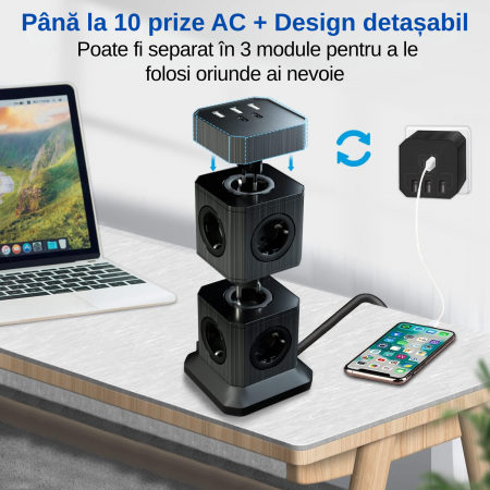 Prelungitor vertical modular 3-în-1 cu 10 prize și 5 porturi USB [1]