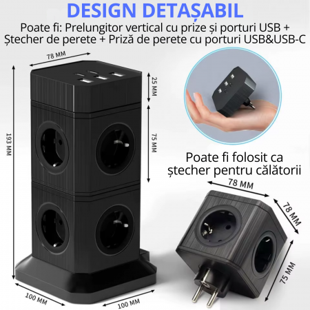 Prelungitor vertical modular 3-în-1 cu 10 prize și 5 porturi USB [7]