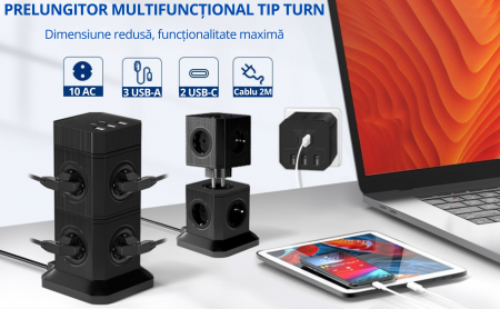 Prelungitor vertical modular 3-în-1 cu 10 prize și 5 porturi USB [9]
