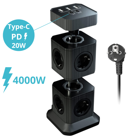 Prelungitor vertical modular 3-în-1 cu 10 prize și 5 porturi USB