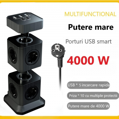 Prelungitor vertical modular 3-în-1 cu 10 prize și 5 porturi USB [8]
