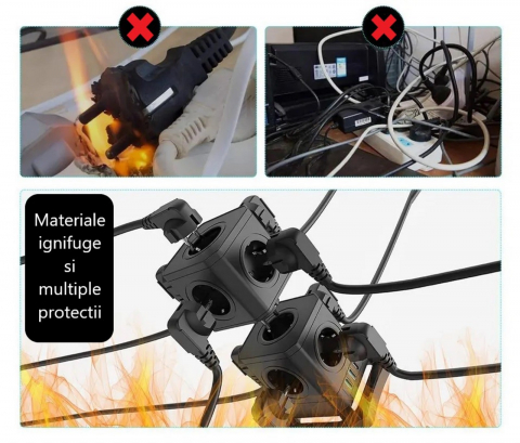 Prelungitor tip turn detasabil INNOVIO®, Putere mare 4000W/16A, 10 prize, 2 porturi USB-A, 1 port USB-C 30W, Protectie copii, Multiple protectii, Impamantare, Cablu cupru pur, Cablu 2m, Negru [6]