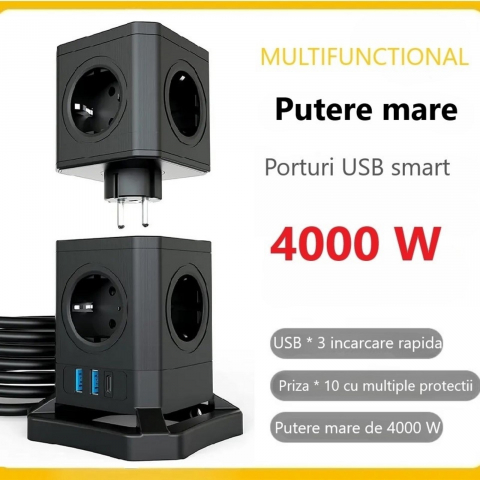 Prelungitor tip turn detasabil INNOVIO®, Putere mare 4000W/16A, 10 prize, 2 porturi USB-A, 1 port USB-C 30W, Protectie copii, Multiple protectii, Impamantare, Cablu cupru pur, Cablu 2m, Negru [7]