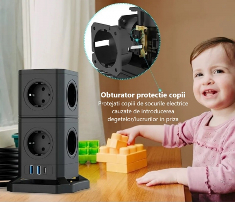 Prelungitor tip turn detasabil INNOVIO®, Putere mare 4000W/16A, 10 prize, 2 porturi USB-A, 1 port USB-C 30W, Protectie copii, Multiple protectii, Impamantare, Cablu cupru pur, Cablu 2m, Negru [3]