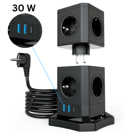 Prelungitoare - Prelungitor tip turn detasabil INNOVIO®, Putere mare 4000W/16A, 10 prize, 2 porturi USB-A, 1 port USB-C 30W, Protectie copii, Multiple protectii, Impamantare, Cablu cupru pur, Cablu 2m, Negru