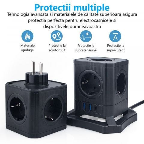 Prelungitor tip turn detasabil INNOVIO®, Putere mare 4000W/16A, 10 prize, 2 porturi USB-A, 1 port USB-C 30W, Protectie copii, Multiple protectii, Impamantare, Cablu cupru pur, Cablu 2m, Negru [2]