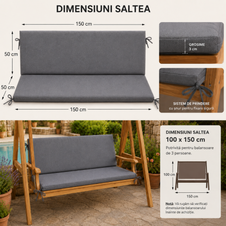 Saltea Balansoar 3 Persoane 100x150 cm, Oxford Gros, Husă Detașabilă, Gri  | Fabricată în România [2]