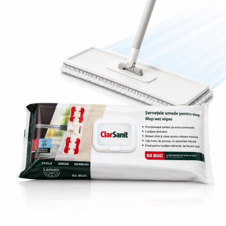 Mopuri si Rezerve Mop - Șervețele Umede pentru Mop ClarSanit Lemon 50 Buc | 35×20 cm