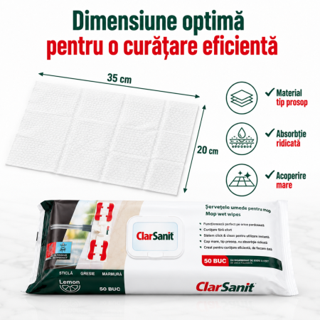 Șervețele Umede pentru Mop ClarSanit Lemon 50 Buc | 35×20 cm [4]
