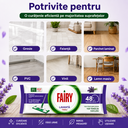 Șervețele Umede pentru Pardoseală Fairy Lavandă 50 Buc | Compatibile cu Mopuri [4]