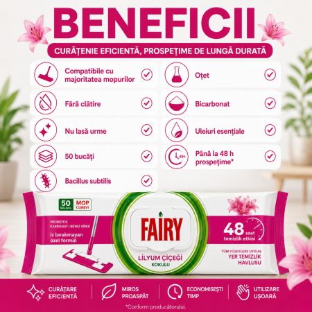 Șervețele umede Fairy Lilyum pentru pardoseli, 50 buc., parfum de crin [8]